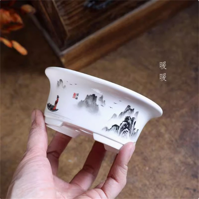 Conference Table Round - 도자기 흰색 타원형 분재 냄비, 미니